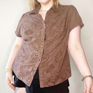 brown floral swirl button down blouse